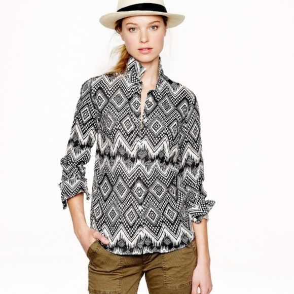 NWT J.crew Linen "boy" Button Up Shirt Aztec Diamonds Ikat | Black & white sz 2 - Picture 2 of 16